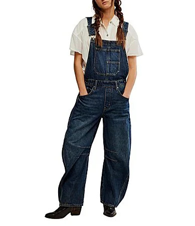 Free People We The Free Good Luck Denim Square Neck Barrel Leg Overalls - L | Dillard's