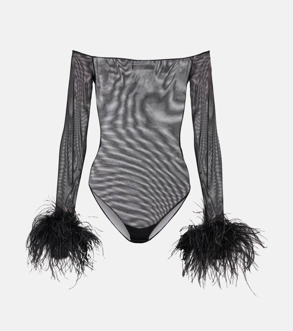 Feather-trimmed mesh bodysuit | Mytheresa (UK)