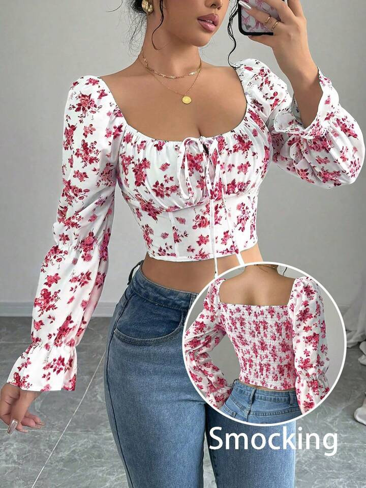 Rafferiza Women's White Ditsy Floral Flare Cuff Drawstring V-Neck Blouse | SHEIN