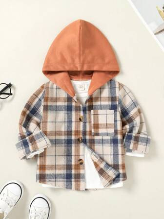 Young Boy Plaid Print Flap Pocket Hooded Shirt & Solid Tee | SHEIN