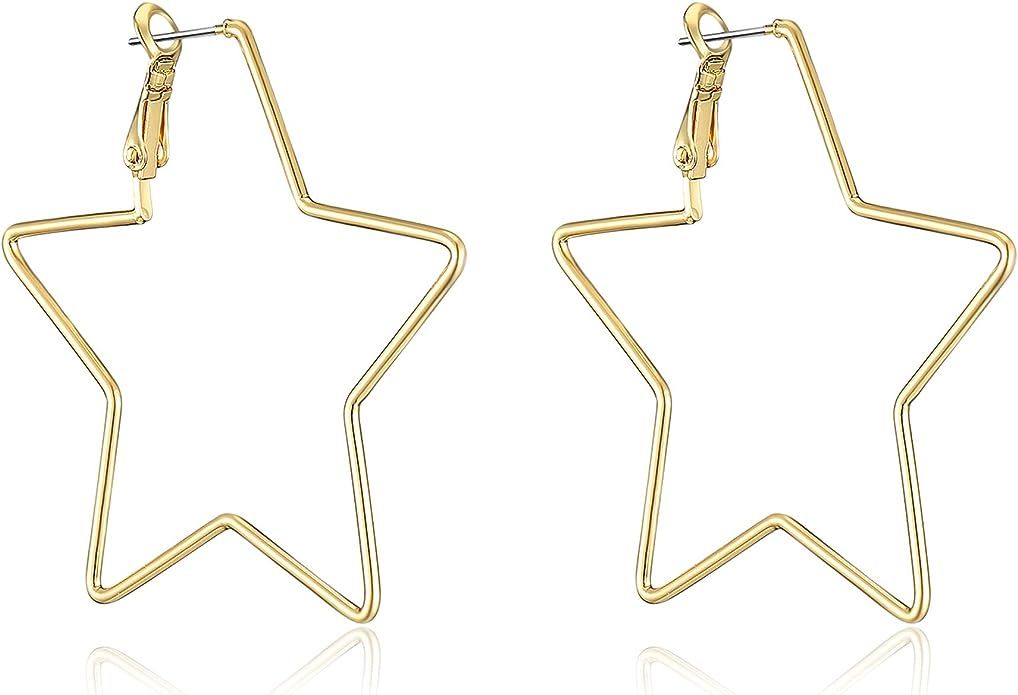 dnswez Star Hoop Earrings 14K Gold Plated or Sterling Silver Fashion Lightweight Large Star Earri... | Amazon (US)