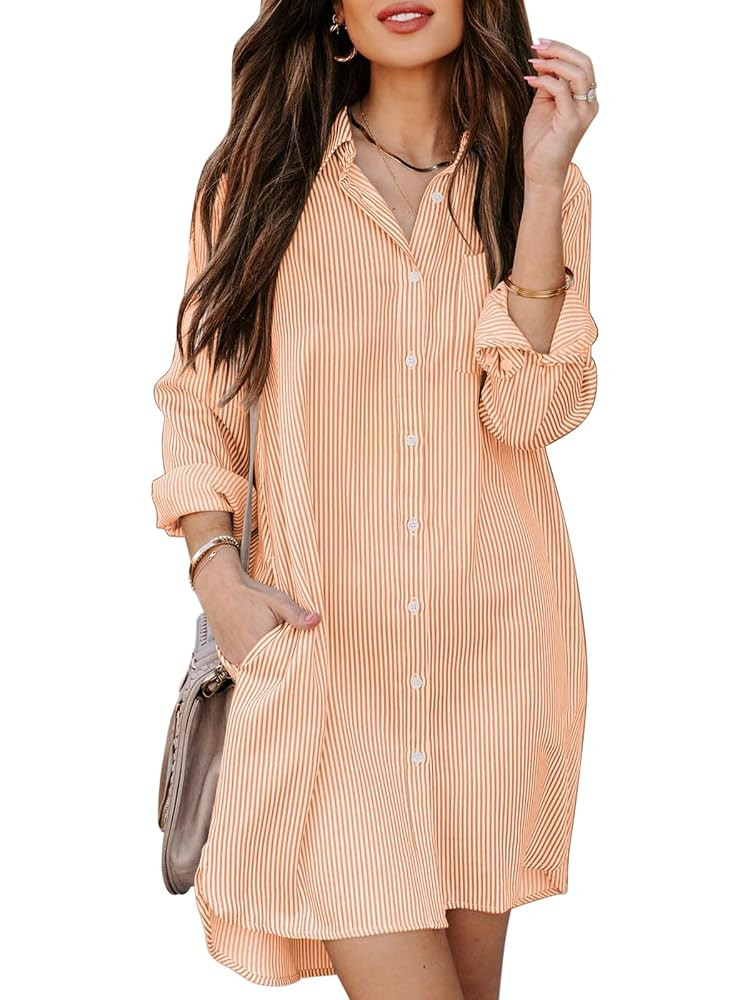 Womens Button Down Shirt Dresses with Pockets Cotton Striped Shirts Collared Tunics Long Sleeve H... | Amazon (US)