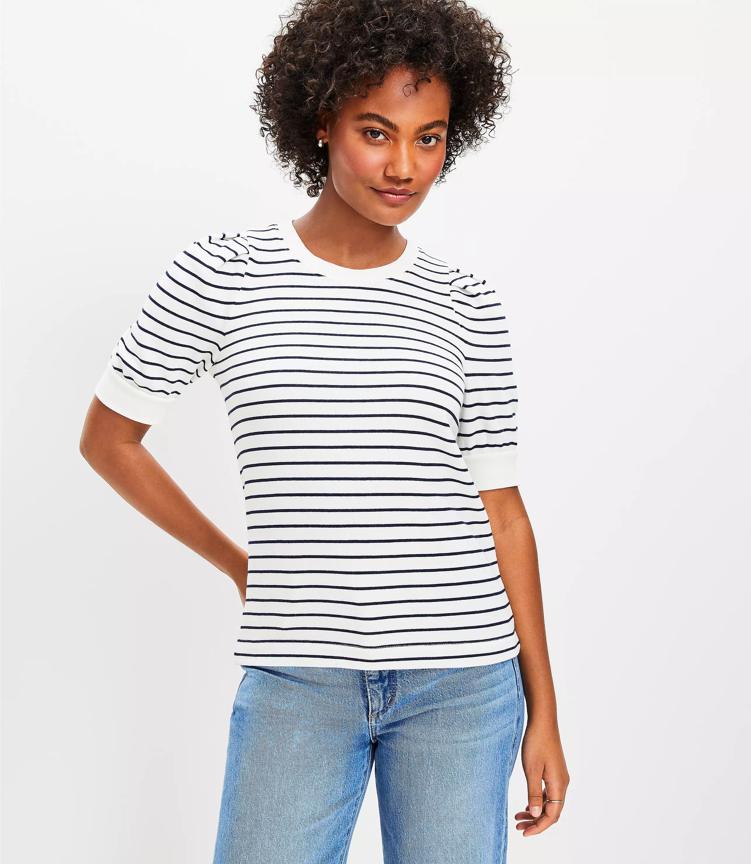 Stripe Pleated Sleeve Sweatshirt | LOFT
