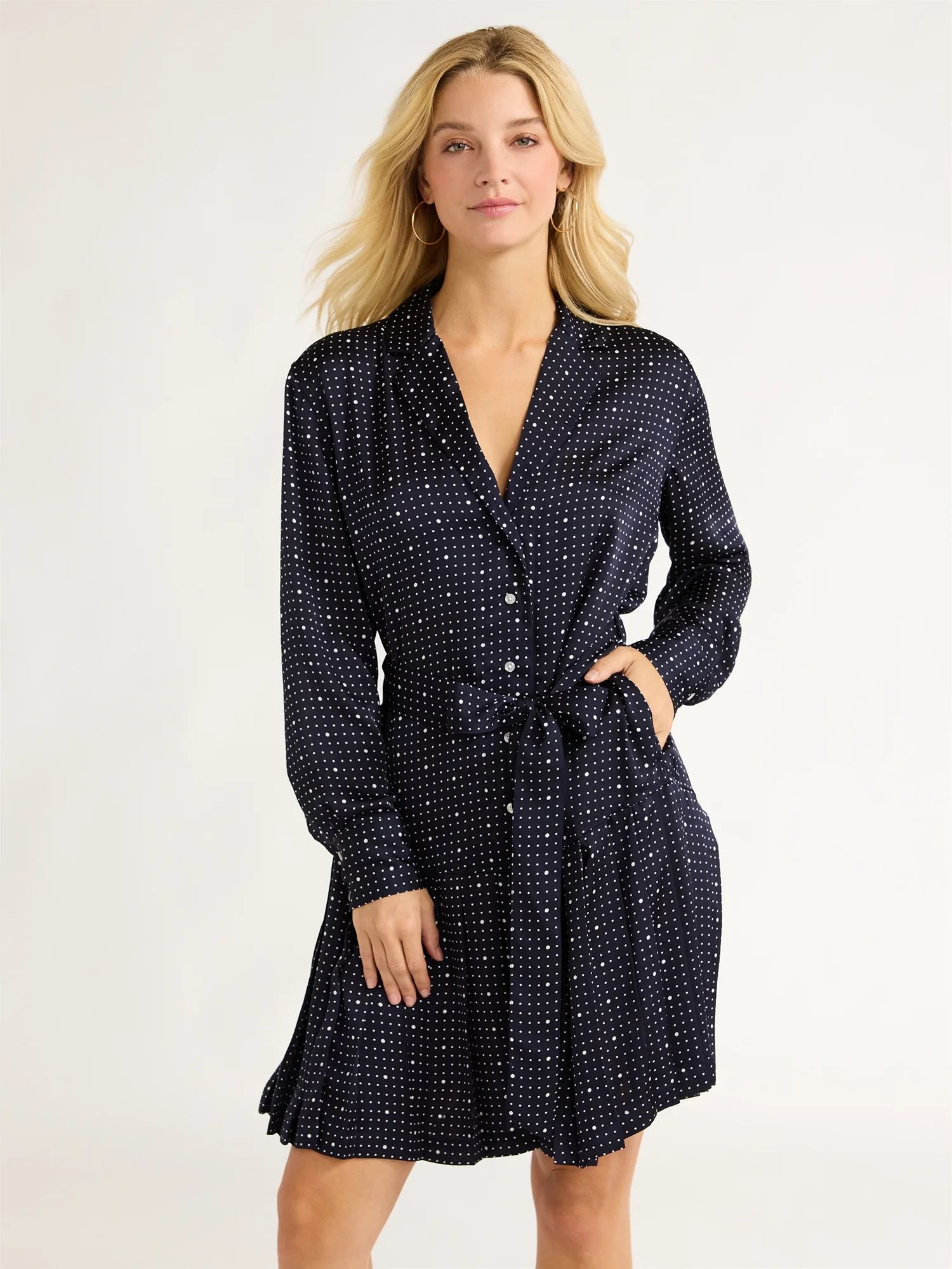 Free Assembly Women's Pleated Mini Shirtdress with Long Sleeves, Sizes XS-XXL - Walmart.com | Walmart (US)