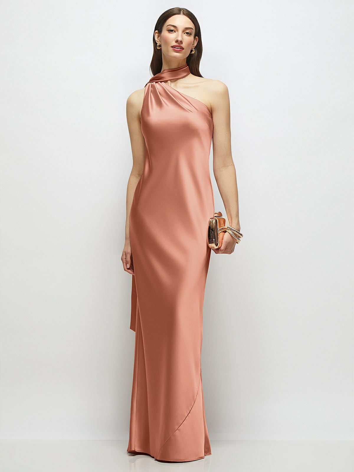 Draped Scarf One-Shoulder Bias Stretch Satin Maxi Dress in Copper Penny | Dessy Group