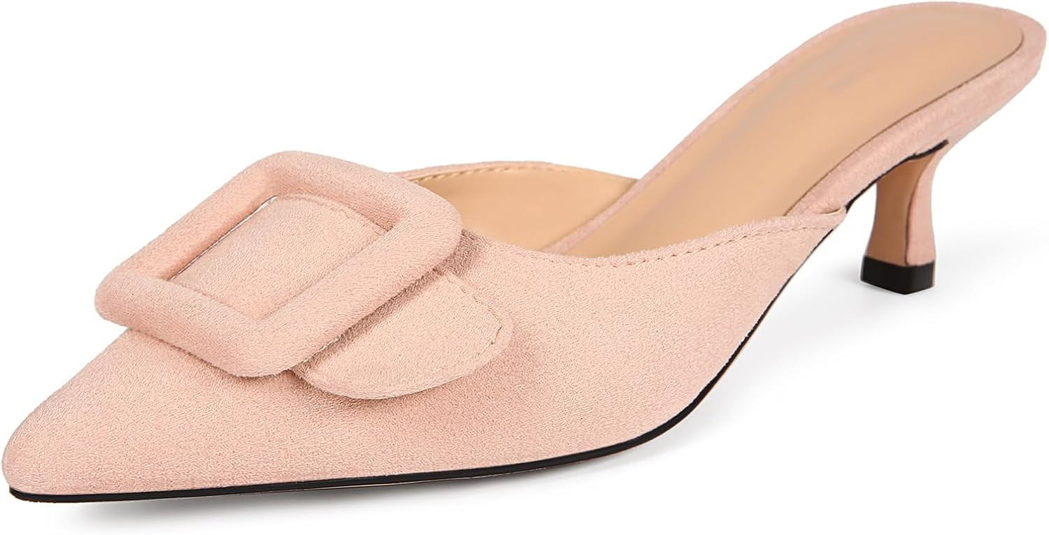 Kitten Heel Mules Sandals for Women Pointed Toe Square Buckle Backless Slip on Suede Stiletto Dress Heeled Sandals Wedding Party Shoes | Amazon (US)
