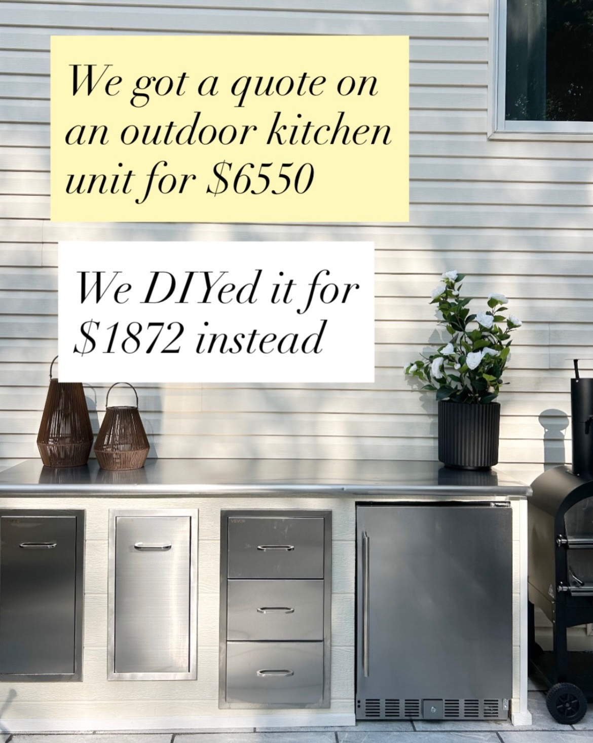 Really wanted an outdoor kitchen area on our new patio…

…but spending $6,500+ on the modular kit just wasn’t happening.

So we built our own for around $1,800 🙌🏻

It was way simpler than we expected and we finished the whole build in just one weekend! 

If you’d like more details on this, just comment KITCHEN and I’ll send you:
• our full materials list
• the detailed build video
• all of the links

One note: I won’t be linking the stainless steel workstation we used because we weren’t thrilled with our shipping experience. But if you Google the size you need (restaurant stainless steel workstation), you’ll find lots of options online. 

Oh! And make sure to follow along here because we always try to share new creative DIY ways to save money and help you love your home 🫶🏻🏡