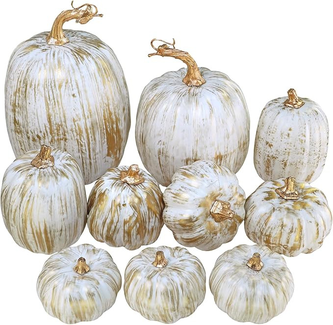 Winlyn 10 Pcs Assorted Fall Artificial Pumpkins - Gold & White Decorative Foam Pumpkins for Weddi... | Amazon (US)