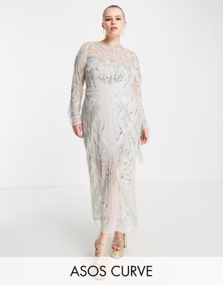 ASOS EDITION Curve cutwork fringe midi dress in silver | ASOS (Global)
