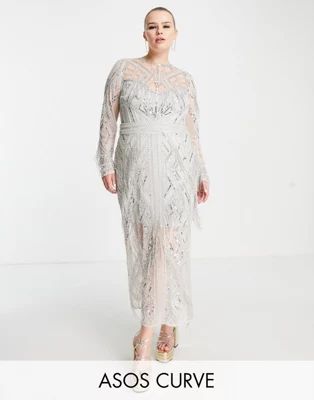 ASOS EDITION Curve cutwork fringe midi dress in silver | ASOS (Global)