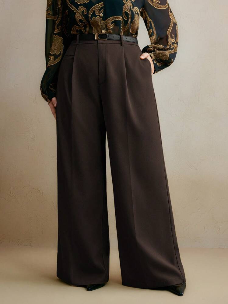 Anewsta Plus Size Fashionable Commuter Casual Straight-Leg Women Suit Pants, Vacation And New Year Modest Wide Leg Pants Brown Pants High Waisted Pants Women Slacks Graduation,Back To School,Teacher For Women Winter Fall Autumn | SHEIN