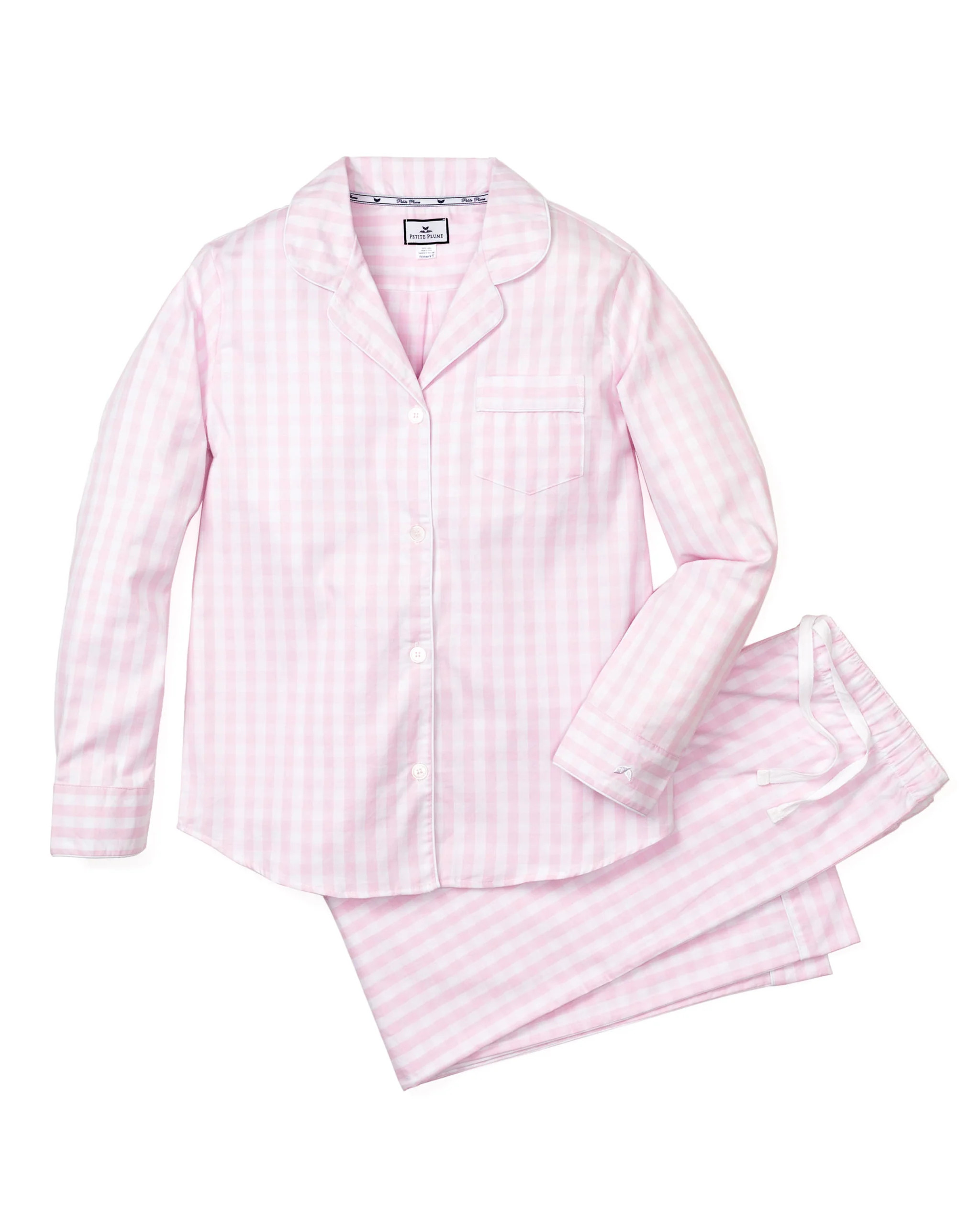 Women's Twill Pajama Set in Pink Gingham | Petite Plume
