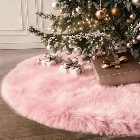 36 Inch Faux Fur Christmas Tree Skirt Pink Plush Tree Mat Base Cover for Merry Christmas Party Holiday Home Indoor Xmas Tree Decorations | Amazon (US)