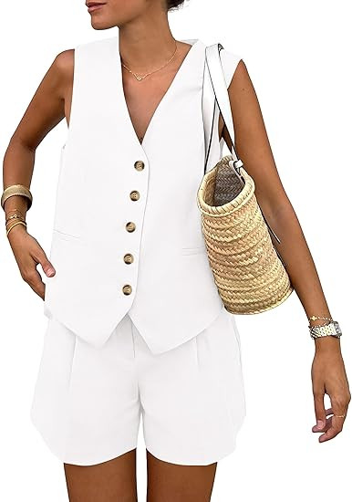 PRETTYGARDEN Women's Summer 2 Piece Outfits Sleeveless Matching Sets Button Down V Neck Vest Wais... | Amazon (US)