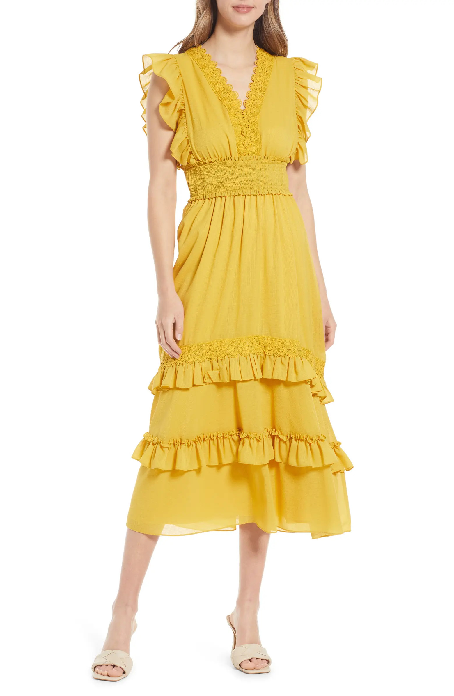 TAHARI ASL Ruffle & Lace Tiered Midi Dress | Nordstrom | Nordstrom