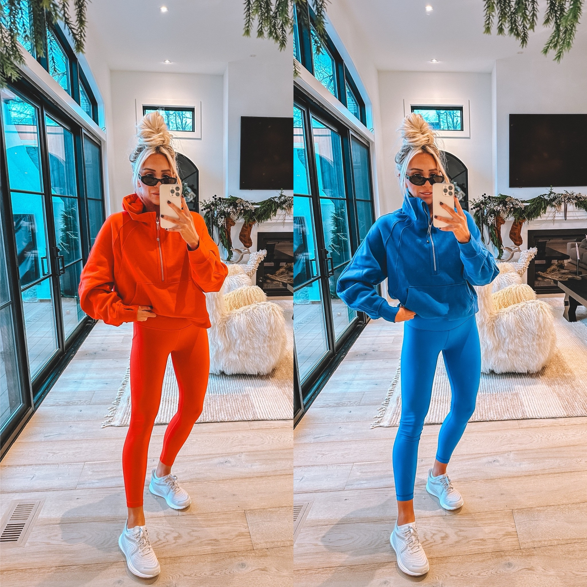 Both of these exact looks from lululemon are on major sale! Wearing a xl in the red and a s/m in the blue top and 6 in leggings 