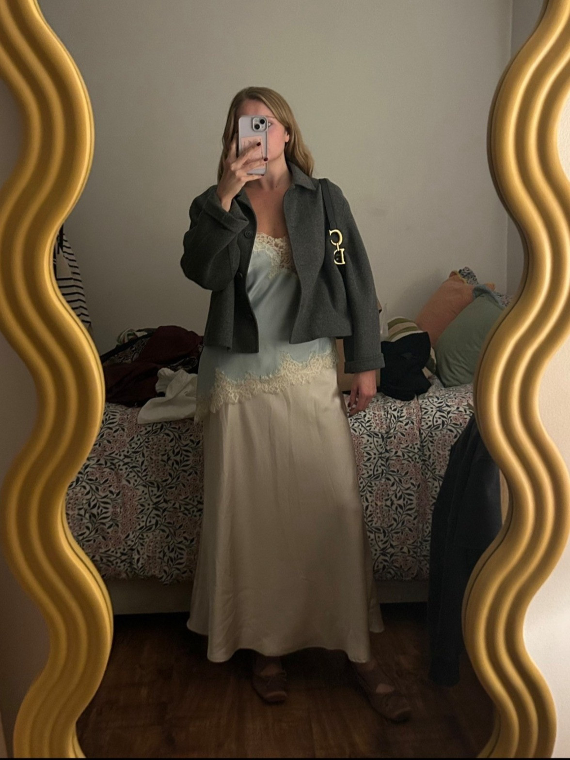 Satin lace cami, maxi satin skirt, grey wool bomber jacket, Dior oblique saddle bag, date night, autumn outfits 

 #LTKuk #LTKautumn #LTKdatenight