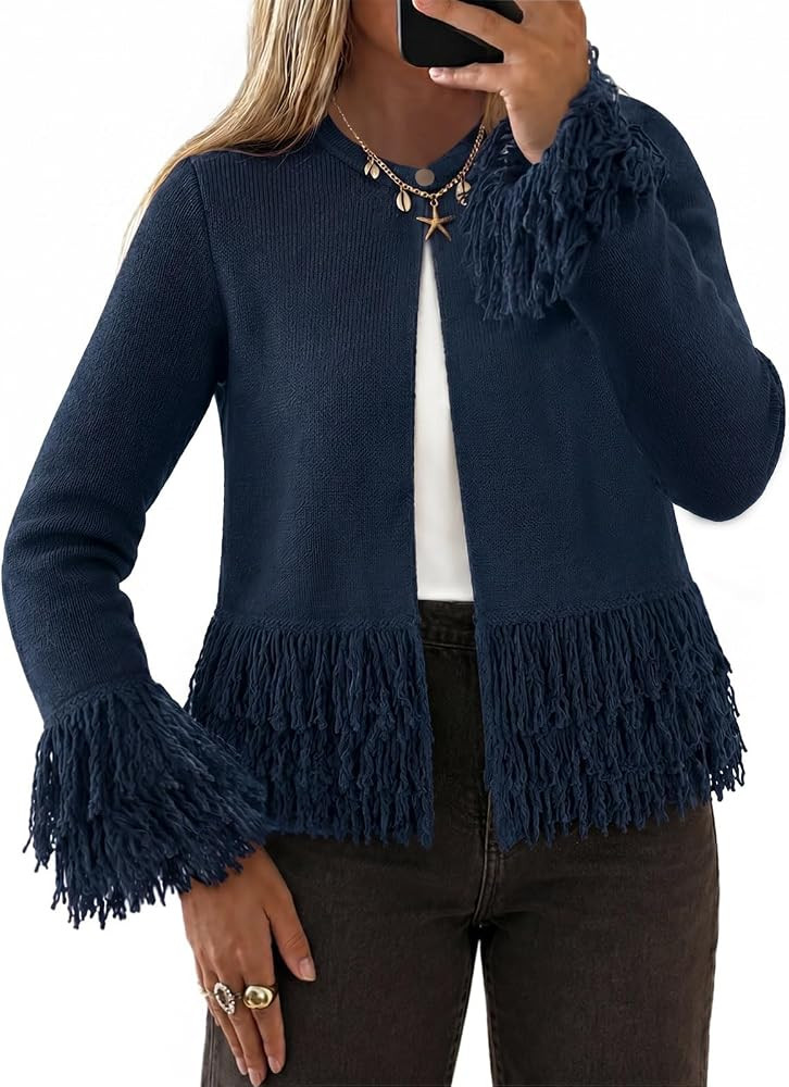 Yousify Fringe Tops for Women Crew Neck Button Down Crochet Cardigan | Amazon (US)