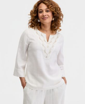 Jm Collection Women's Split-Neck Beaded Linen-Blend 3/4-Sleeve Top, Macy's Exclusive - Bright White | Macy's