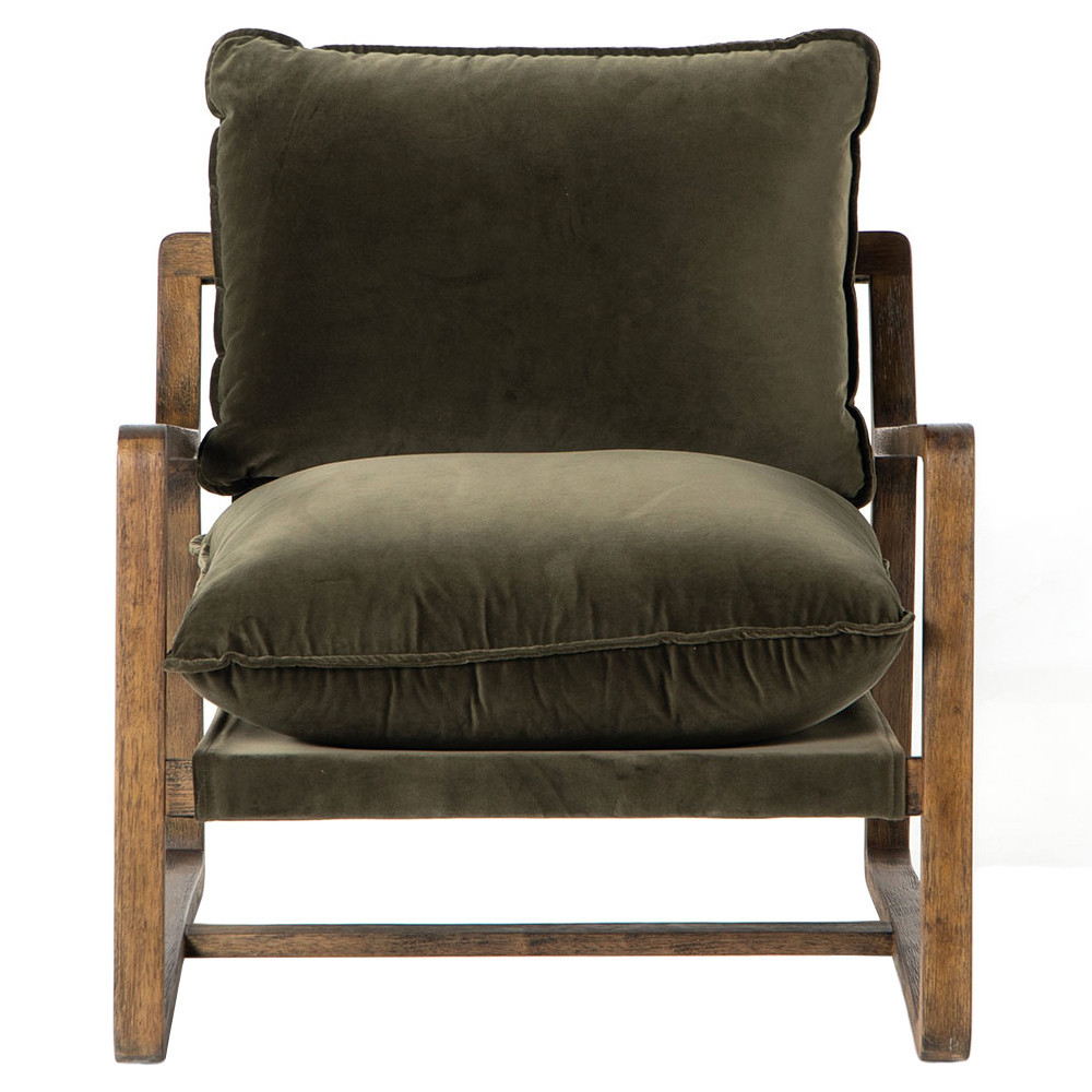Ailyn Rustic Lodge Green Upholstered Brown Wood Occasional Arm Chair | Kathy Kuo Home
