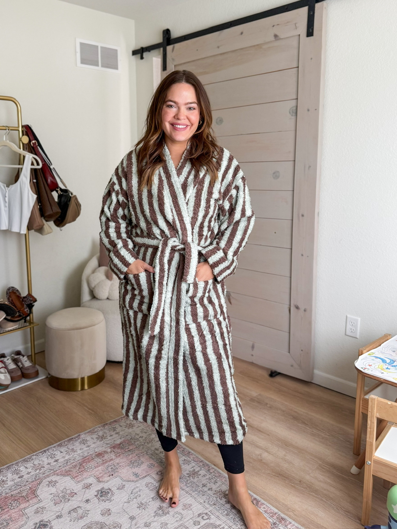 Stay cozy and stylish in this adorable fluffy striped robe! Perfect for lounging at home. #cozyseason #amazonfinds
 

 #LTKmomlife #LTKmorningroutine #LTKMidsize