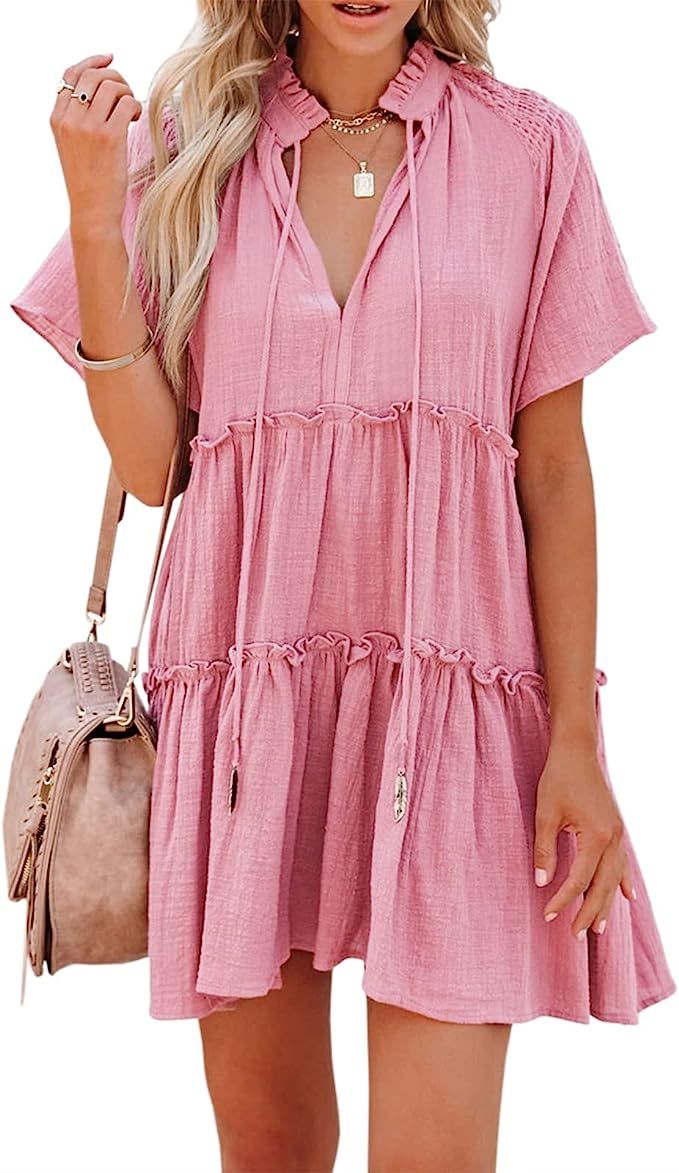 Womens Split V Neck Drawstring Neck Tie Ruffle Tiered Dress Short Sleeve Babydoll Tunic Swing Min... | Amazon (US)