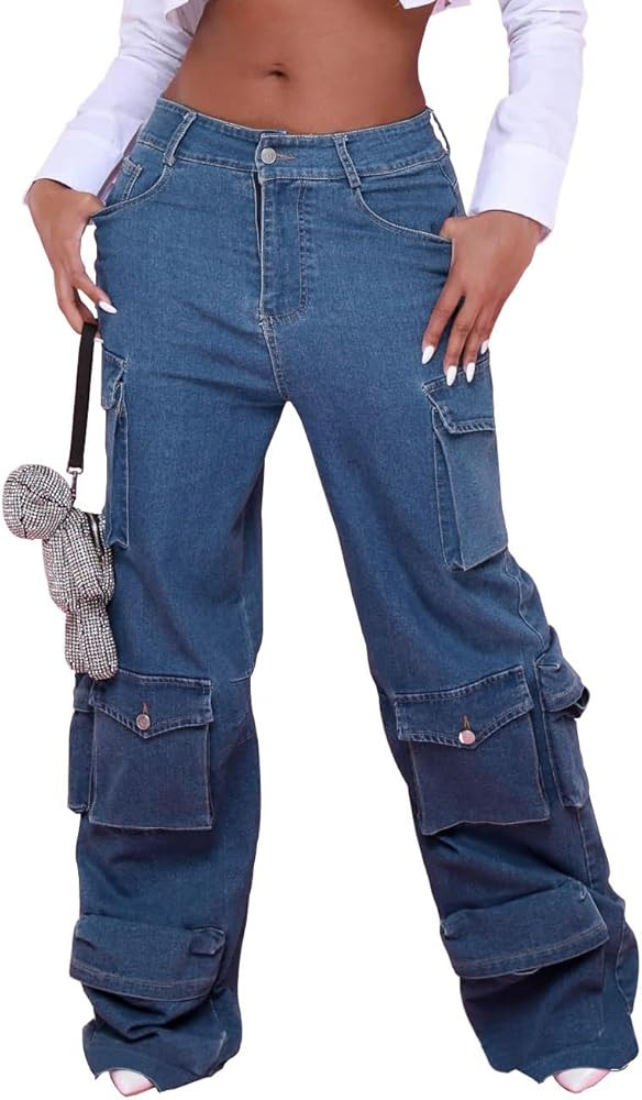 Women's Cargo Baggy Jeans Casual Y2k Wide Leg Denim Pants with Flap Pockets | Amazon (US)