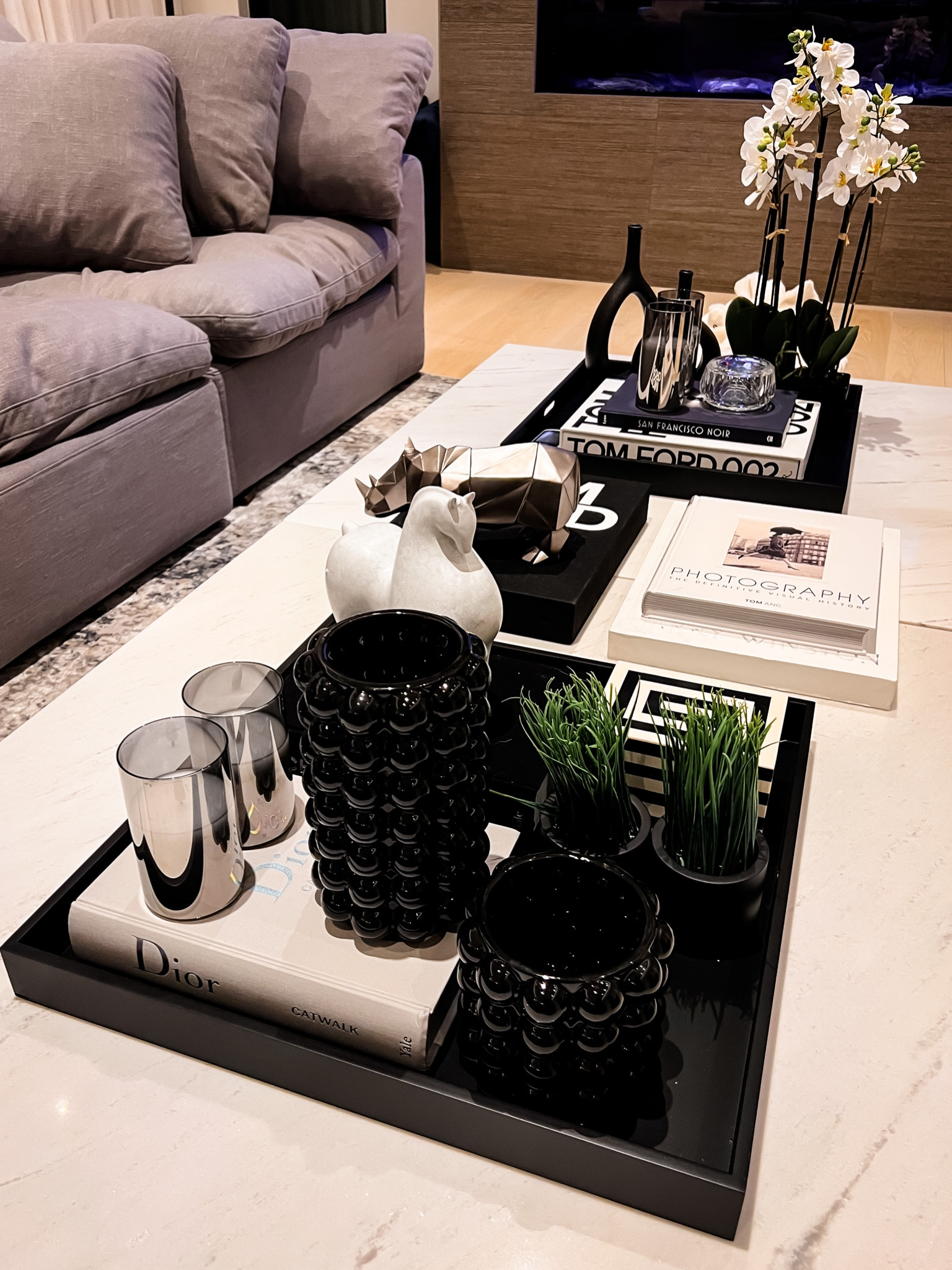 Modern Coffee Table Styling Decor
Black and White Tom Ford Coffee Table Book
Black Square Extra Large Ottoman Coffee Table Tray
Crystal Candy Dish with Lid
Black and White San Francisco Noir Coffee Table Book
White and Black Tom Ford 002 Coffee Table Book
Black and White Modern Orchid Arrangement
White Marble and Black Modern Square Coffee Table - I put two side by side to have one big enough to accommodate my seating area!
White with Black Photography Coffee Table Book
Gray Silver Navy Abstract Floor Rug - This totally elevates your living area!
Gray Silver Dior Coffee Table Book
Chanel Black White Catwalk Coffee Table Book
Set of 2 Black Bubble Modern Vases
Black and White Striped Decorative Box
White Ornamental Hermes Look Horse Decor
Geometric Rhino Animal Decor
Smoked Gray Glass Flameless Indoor Candles
Green Mini Decor Grass in Black Pot

#LTKfindsunder50 #LTKfindsunder100 #LTKhome