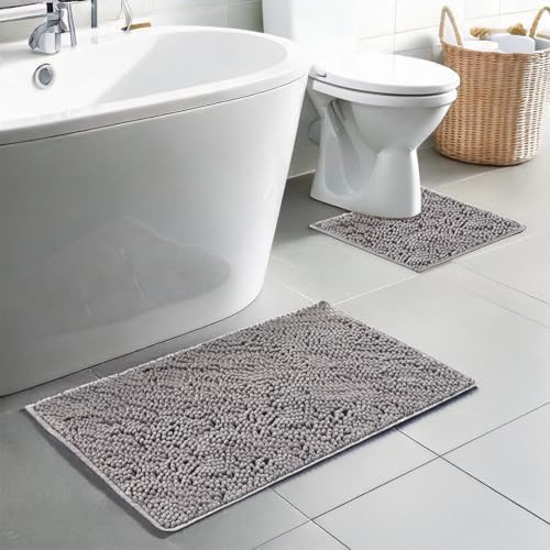 Muddy Mat® Chenille Bathroom Rugs Set Quick Dry Microfiber Mats Non Slip Washable, Extra Thick, Soft and Highly Absorbent Bath Mats (20”x30”) with U Shaped Toilet Mat (20”x20”) - Grey | Amazon (US)