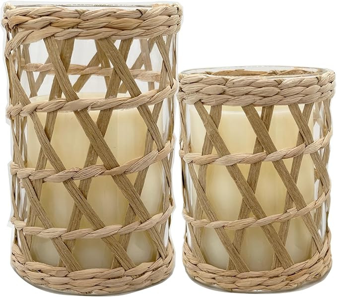 Rattan Woven Tea Light Candle Holder Set of 2 Decorative Vintage Rustic Wicker Votive Glass Candl... | Amazon (US)