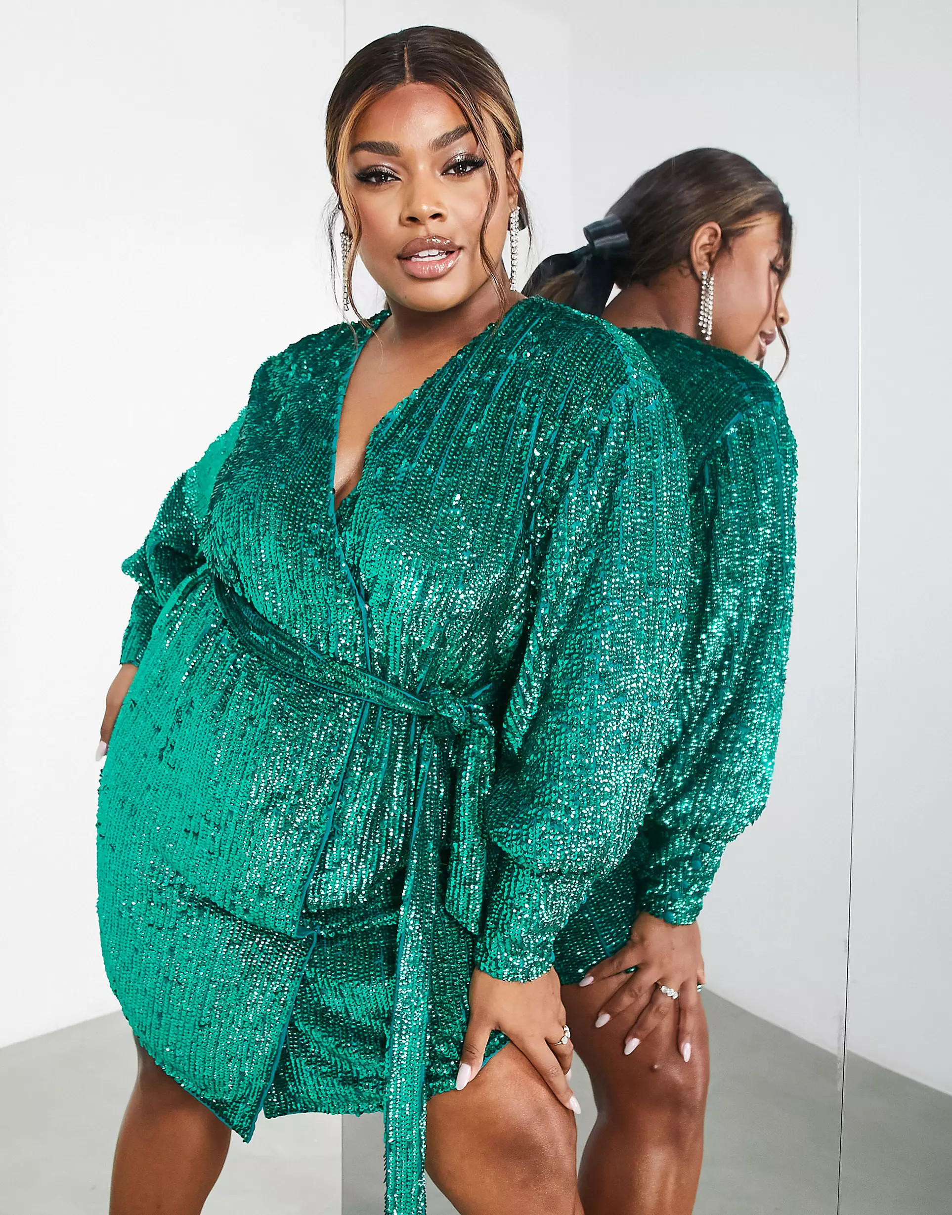 ASOS EDITION Curve sequin wrap mini dress in teal green | ASOS (Global)