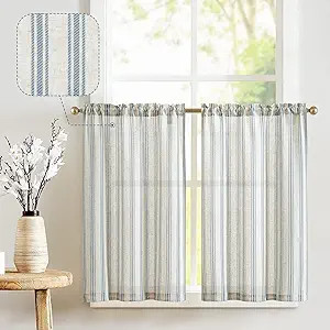 jinchan Linen Kitchen Curtains Striped Tier Curtains 24 Inch Cafe Curtains Farmhouse Small Curtai... | Amazon (US)