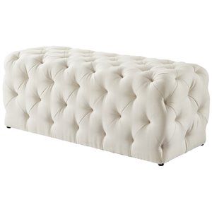 Posh Living Brice Modern Button-Tufted Linen Fabric Bench in Cream/White | Cymax