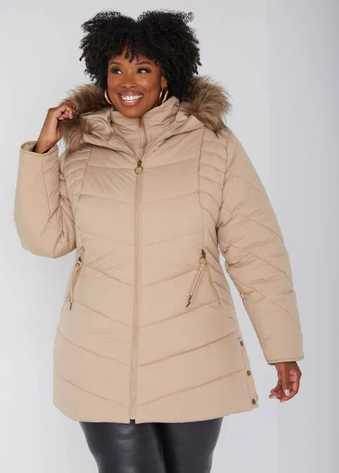 Snap Detailed Hooded Puffer Coat | Ashley Stewart