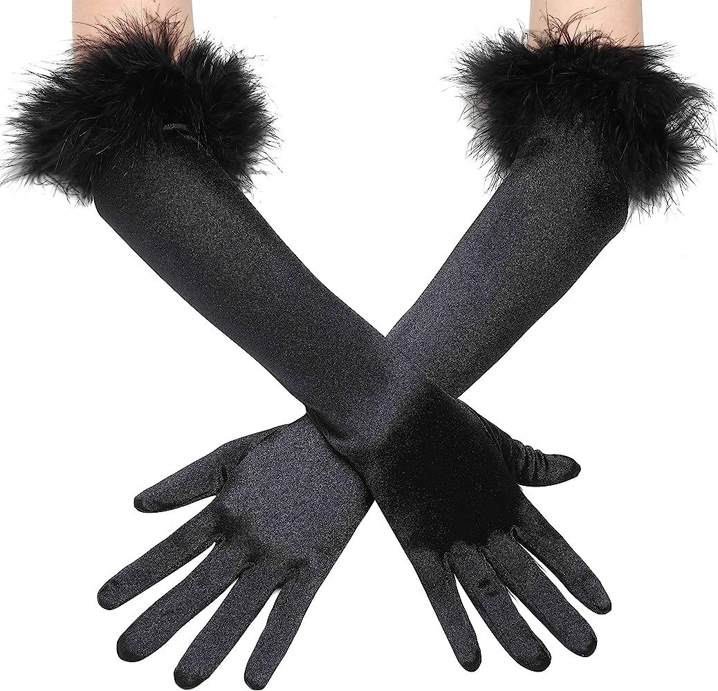 BABEYOND Long Satin Opera Gloves Pageant Feather Gloves 1920s Stretchy Elbow Gloves for Halloween... | Amazon (US)