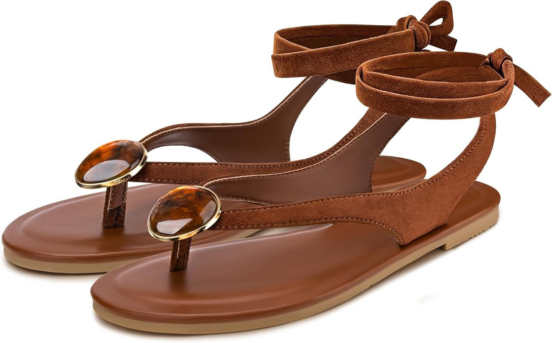 Women's Suede Flat Sandals with Metallic Accents Adjustable Strappy Flip Flops for Beach Vacation... | Amazon (US)
