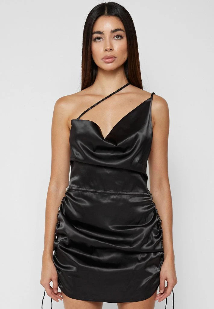 Satin Ruched Mini Dress - Black | Maniere De Voir