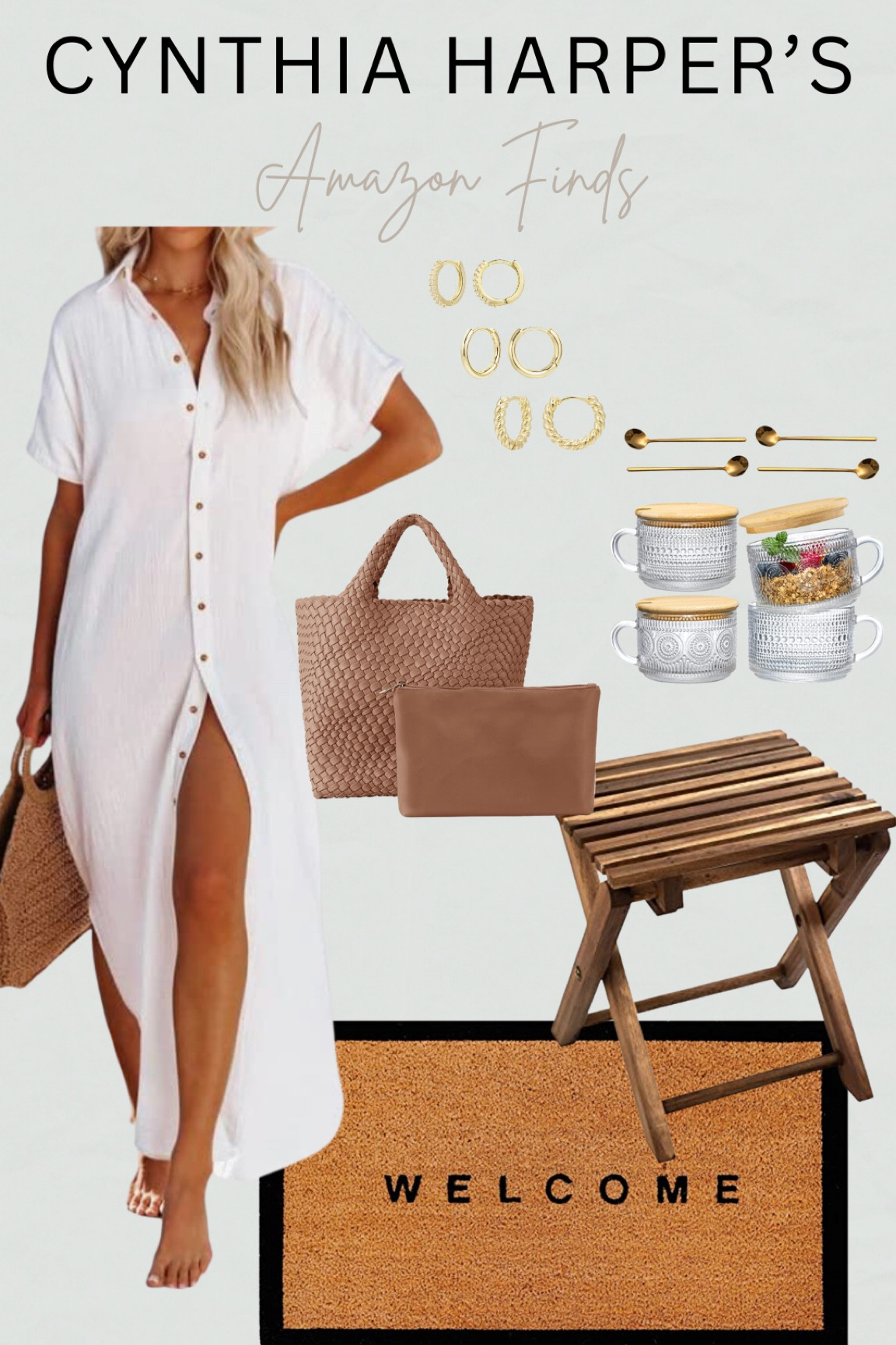 Amazon Favorites for spring! Love this white dress for a summer cover up or even a casual day dress. I love a minimal front door mat for decor as well. The mini gold hoops are perfect for the weekdays for a simple look! And a large woven bag perfect for an on-the-go mom.

#LTKstyletip #LTKhome #LTKSeasonal
