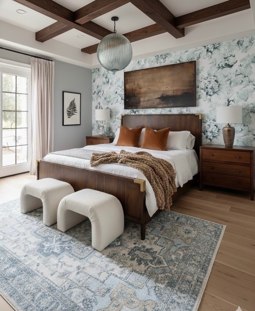 A fresh yet grounded bedroom design that perfectly balances softness and structure 
This space pairs warm walnut furniture with cool blue-green tones, creating a calm and elevated retreat. The floral statement wallpaper adds depth and gentle movement behind a modern wood bed with brass detailing, while caramel velvet pillows and a chunky knit throw bring cozy contrast.

The vintage-inspired blue area rug softly ties the palette together, echoing the ribbed glass pendant light above and the exposed oak ceiling beams that frame the room with warmth. Two ivory boucle stools at the foot of the bed complete the look — structured, textural, and effortlessly elegant. Modern brown wall art. Brass table lamp. 

#LTKHome #LTKSaleAlert