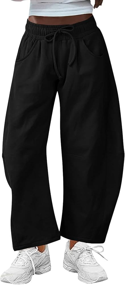 Kissonic Womens Barrel Leg Sweatpants Elastic Waist Drawstring Wide Leg Pants Baggy Lounge Pants ... | Amazon (US)