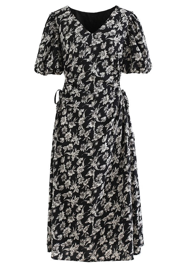 Drawstring Cutout Waist Floral Midi Dress in Black | Chicwish