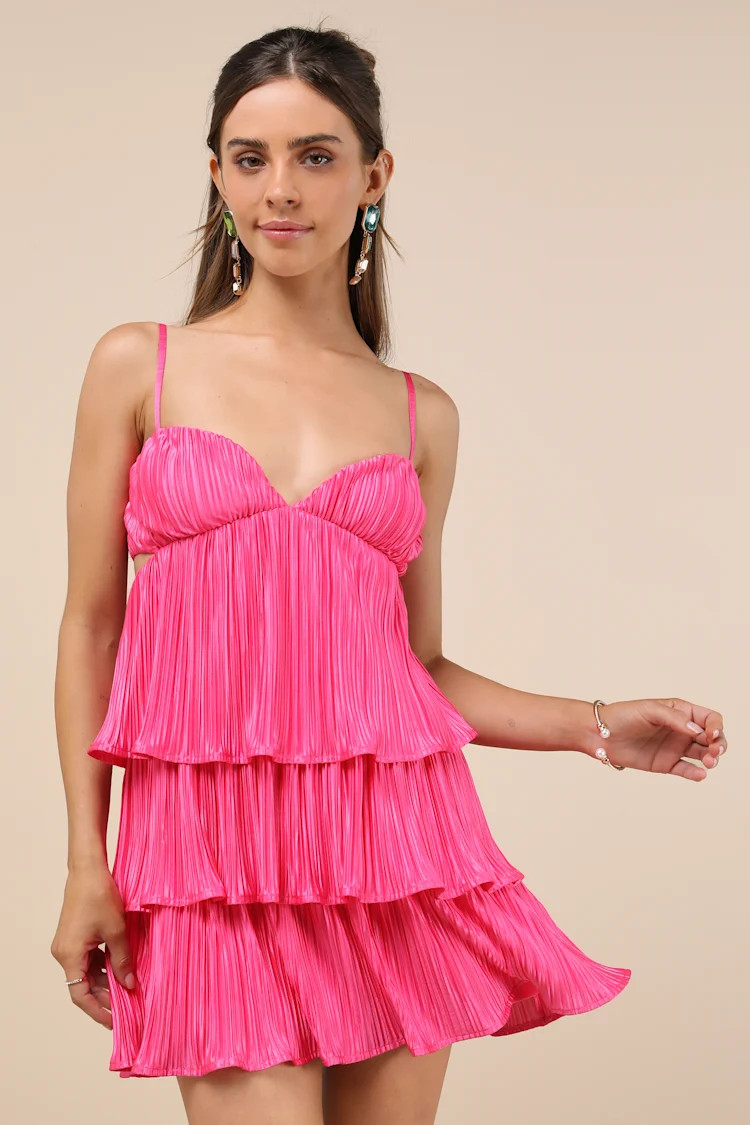 Sleek Dedication Hot Pink Satin Plisse Cutout Tiered Mini Dress | Lulus