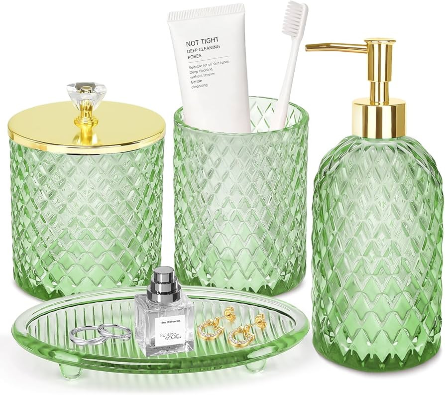 Jenseits Emerald Green Glass Bathroom Set 4 Piece - Luxury Diamond Textured Bathroom Accessories ... | Amazon (US)