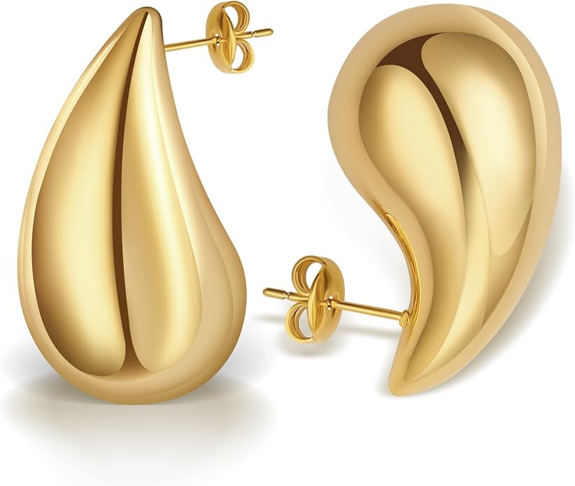 Chunky Gold Hoop Earrings for Women Lightweight 18K Gold Plated Hypoallergenic Waterdrop Hollow s... | Amazon (US)