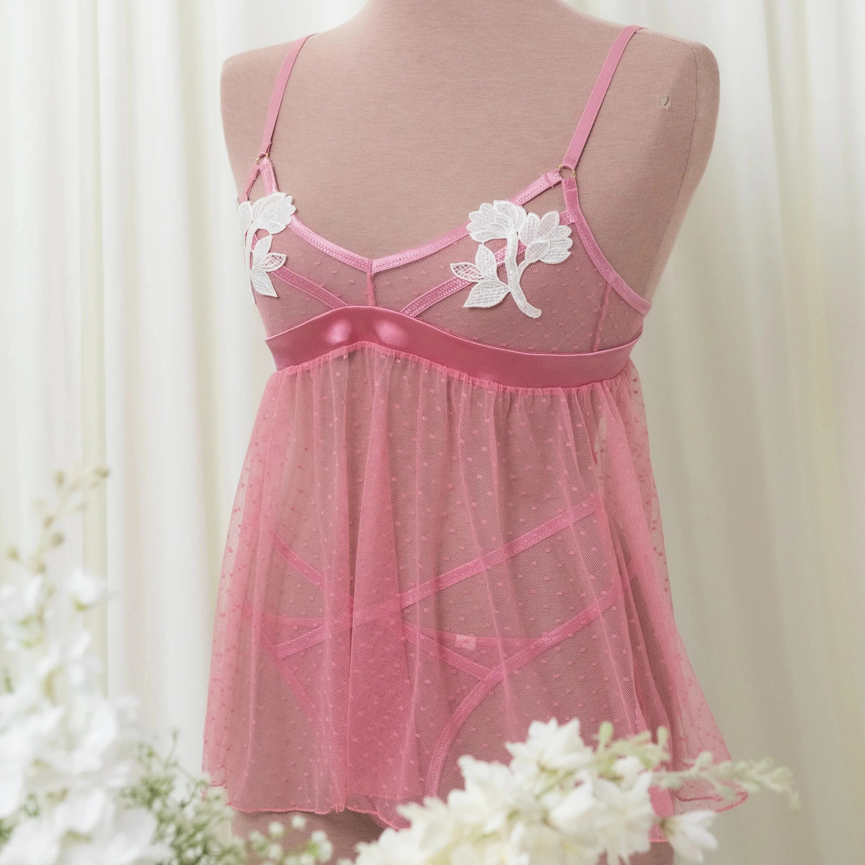 Appliqué & Diamond Mesh Babydoll - Rose | Mentionables