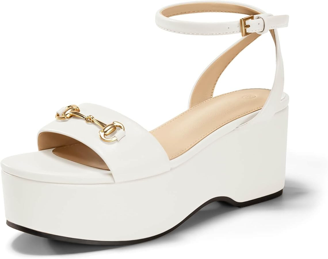 Womens Platform Sandals Chunky Wedges Heels Open Toe Ankle Strap Summer Dress Shoes with Metal Bu... | Amazon (US)