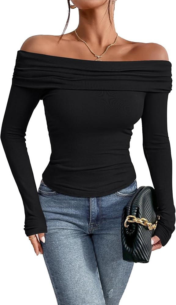 Prettywear Women's Sexy Off Shoulder Tops Business Casual Slim Fit Long Sleeves Spring Fall Blous... | Amazon (US)