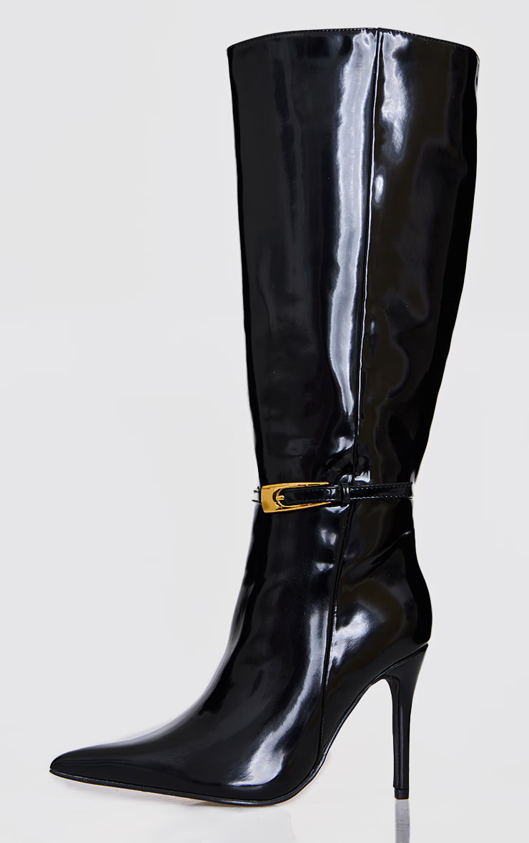 Black Patent PU Wide Fit Point Toe Knee High Stiletto Heeled Boots | PrettyLittleThing US