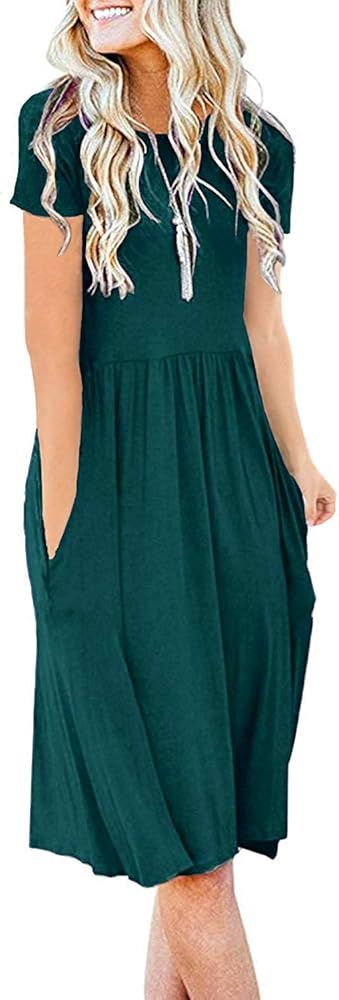 AUSELILY Women's Short Sleeve Pockets Empire Waist Pleated Loose Swing Casual Flare Dress | Amazon (US)