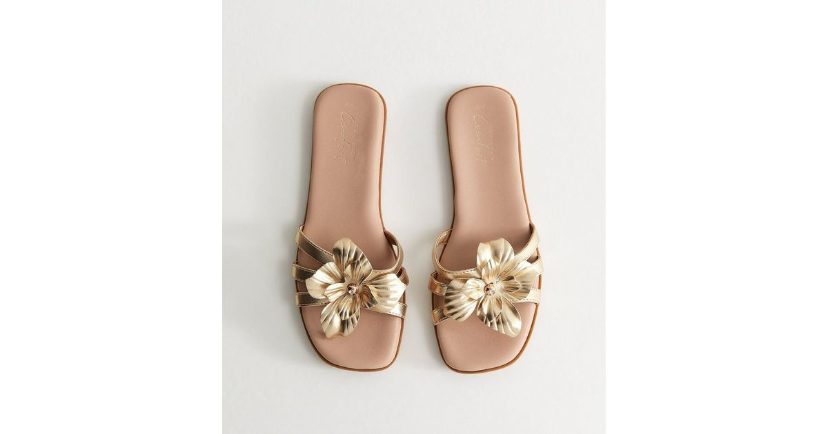 Gold Tone Flower Detail Flat Mules | New Look | New Look (UK)